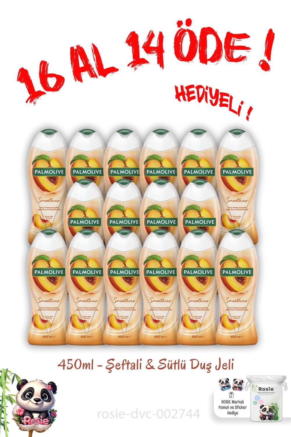 Palmolive 16 Al 14 Öde Duş Jeli Şeftali Ve Sütlü 450 ml ve Rosie Pamuk Hediye