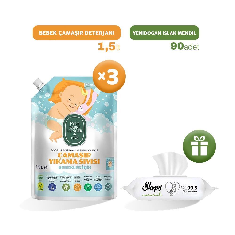 Eyüp Sabri Tuncer Bebek Çamaşır Deterjanı 1500 ml x 3, Islak Mendil Hediye