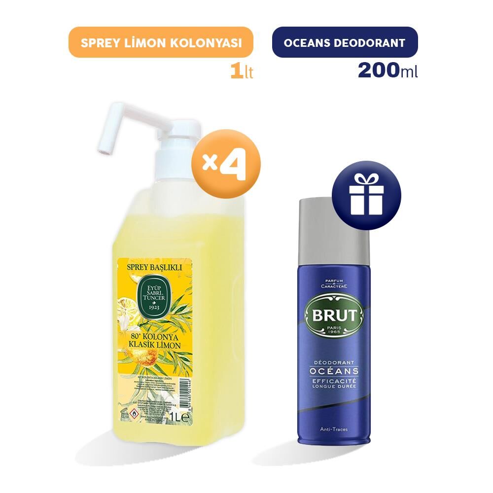 Eyüp Sabri Tuncer Sprey Limon Kolonyası 1 lt x 4, Erkek Deodorant Hediyeli