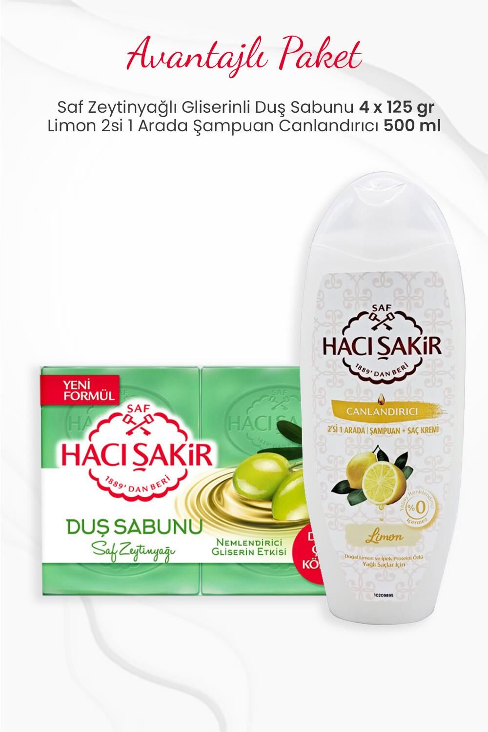Hacı Şakir 4'lü Saf Zeytinyağlı Duş Sabunu ve Limon 2si 1 Arada Şampuan 500 ml