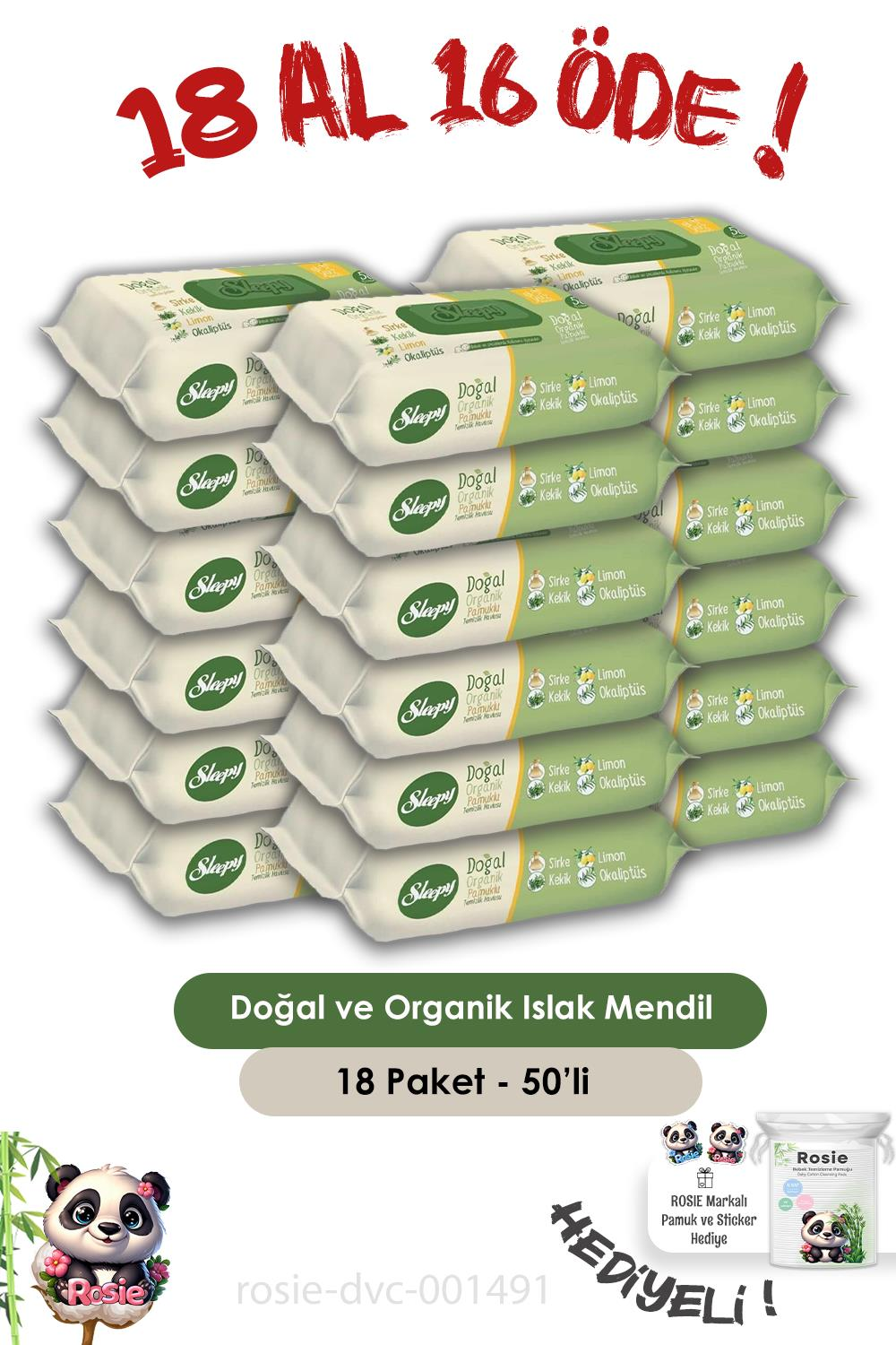 Sleepy 18 AL 16 ÖDE Doğal Ve Organik Islak Mendil 50 Adet ve ROSIE