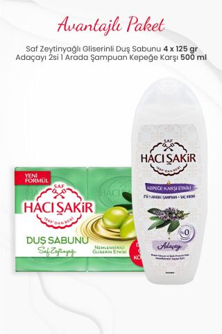 Hacı Şakir 4'lü Saf Zeytinyağlı Duş Sabunu ve Adaçayı 2si 1 Arada Şampuan 500 ml