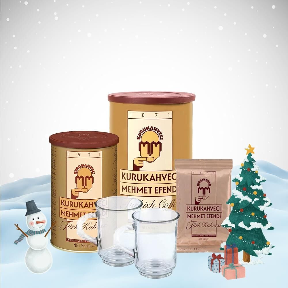 Kurukahveci Mehmet Efendi Yılbaşı Paketi Türk Kahvesi 100 gr, 250 gr ve 500 gr, 2 Adet Cam Bardak Hediyeli