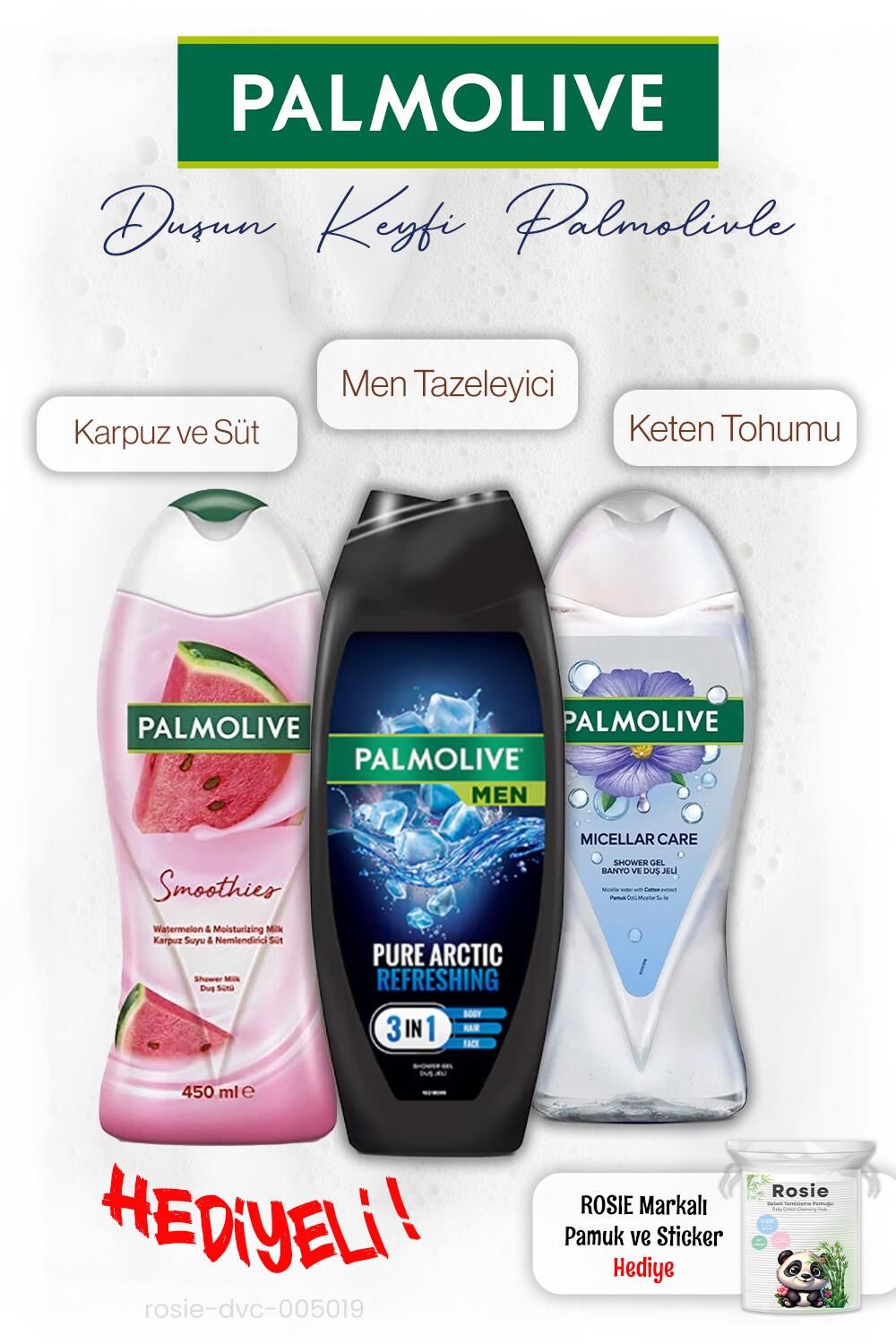 Palmolive 3'lü Duş Jeli Karpuzlu 450 ml, Men 500 ml, Keten 500 ml, ROSIE hediye