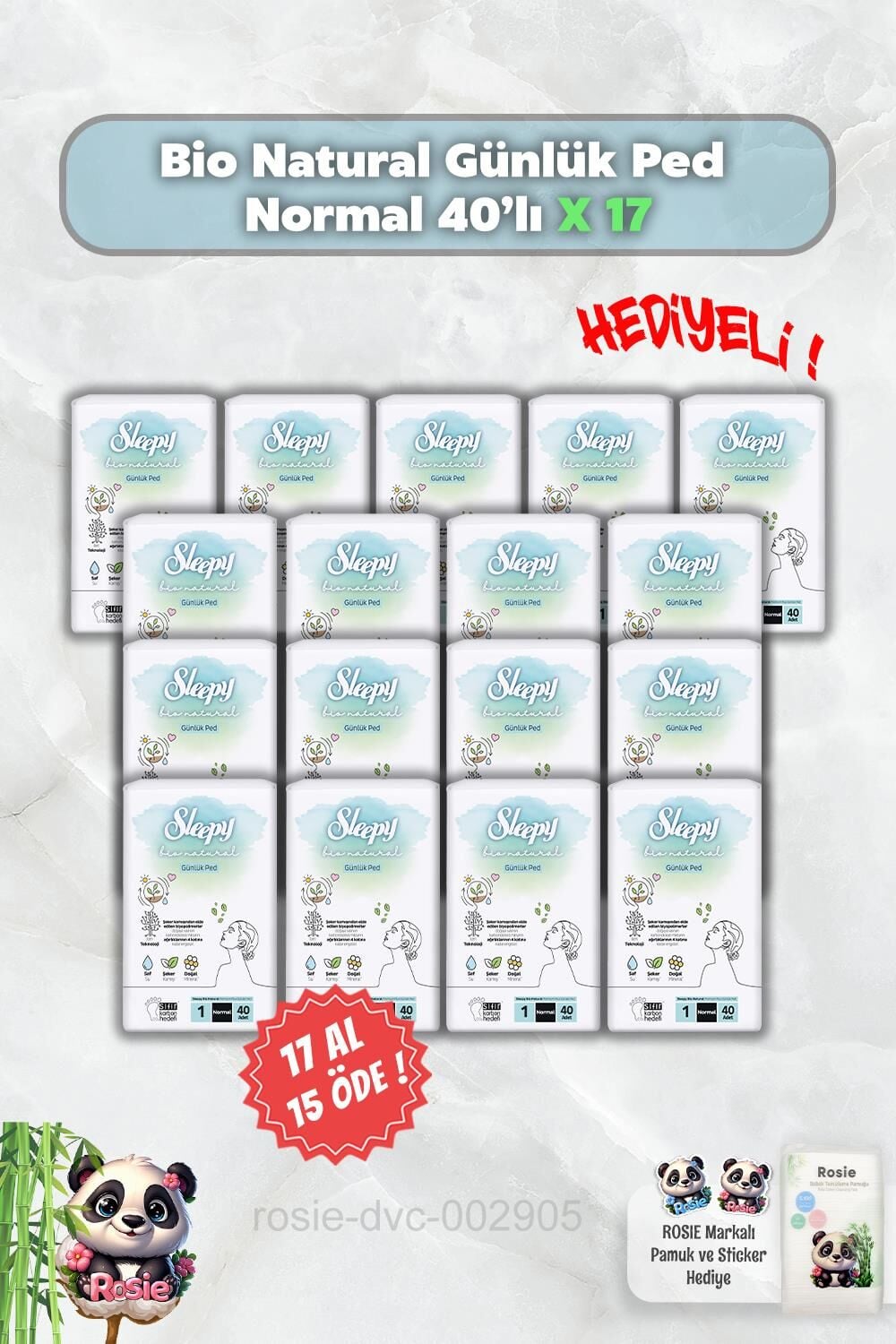 Bio Natural 17 AL 15 ÖDE Sleepy  Günlük Ped Normal 40'lı ve Rosie