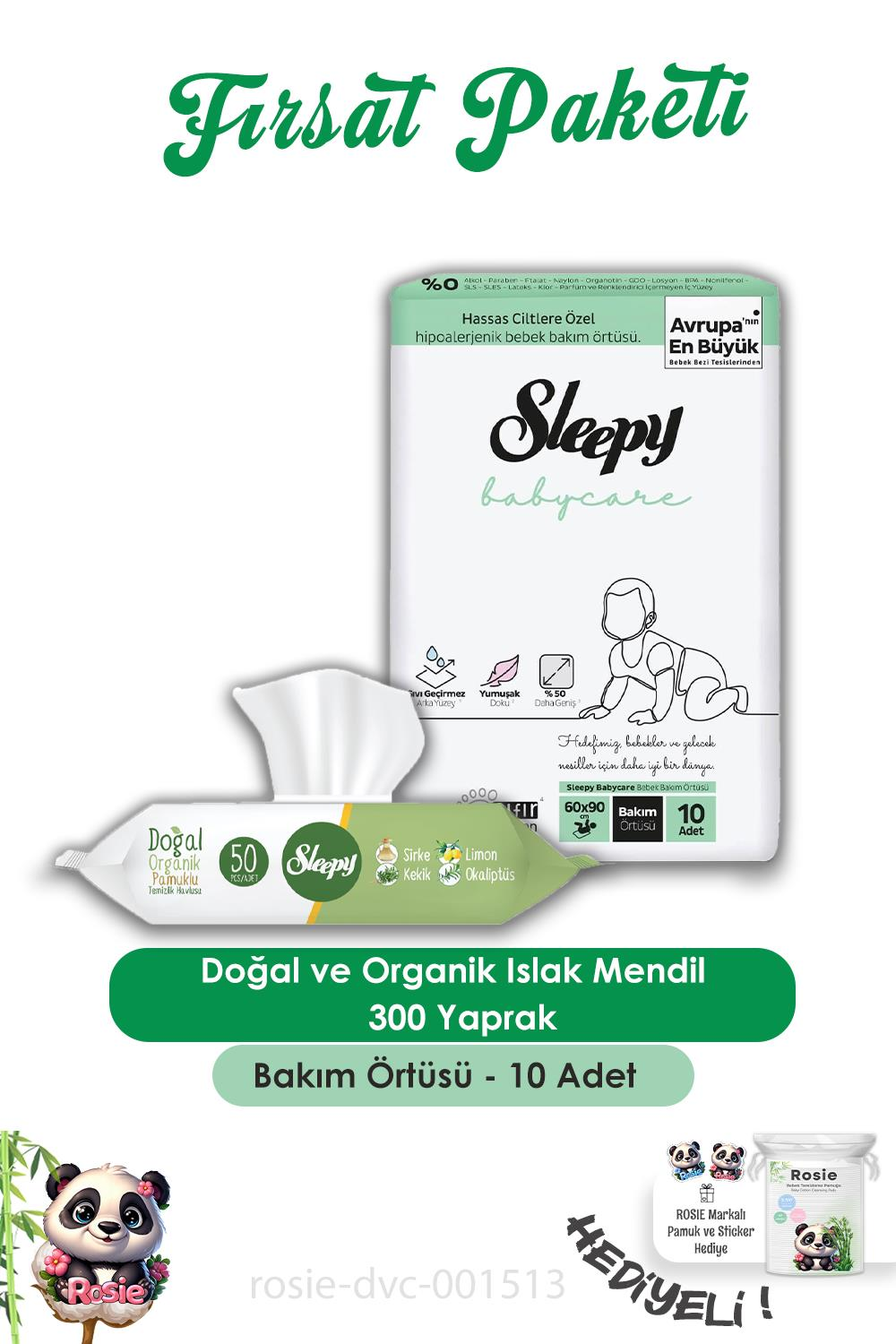 Sleepy 6 Adet Doğal Ve Organik Islak Mendil 50 Adet, Bebek Örtüsü 10'lu ve ROSIE
