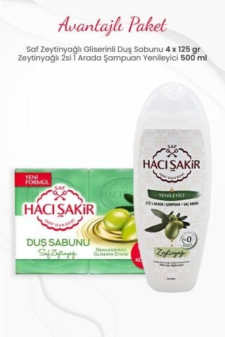 Hacı Şakir 4'lü Saf Zeytinyağlı Duş Sabunu ve Zeytinyağlı 2si 1 Arada Şampuan 500 ml