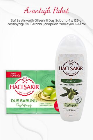 Hacı Şakir 4'lü Saf Zeytinyağlı Duş Sabunu ve Zeytinyağlı 2si 1 Arada Şampuan 500 ml