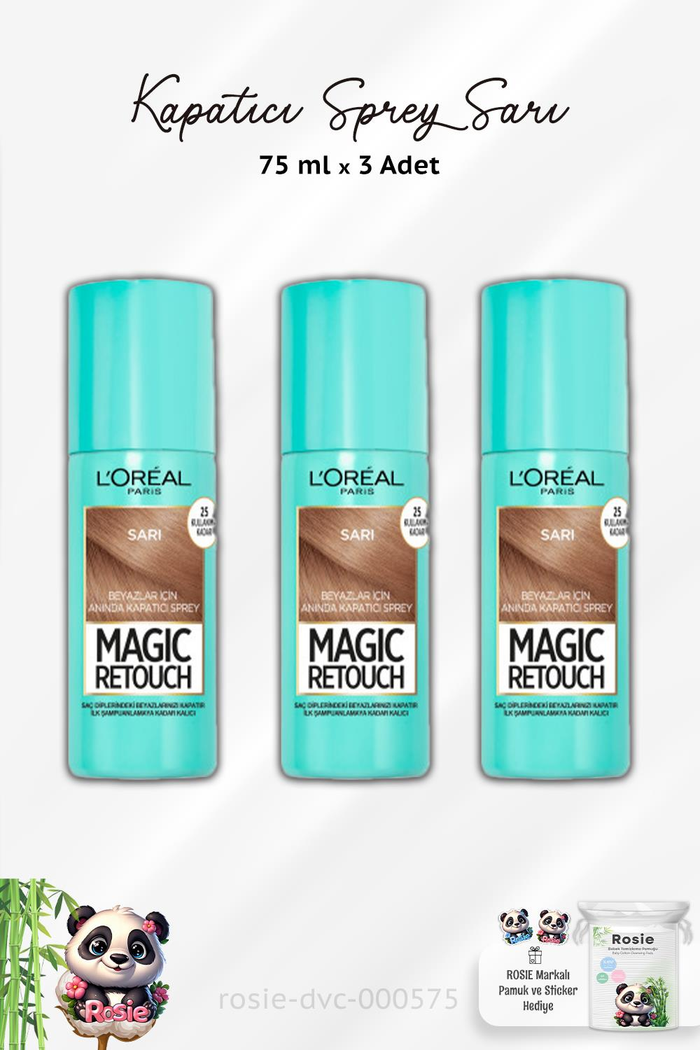 3 Adet Loreal Paris Kapatıcı Sprey Sarı 75 ml ve ROSIE Pamuk 60'lı