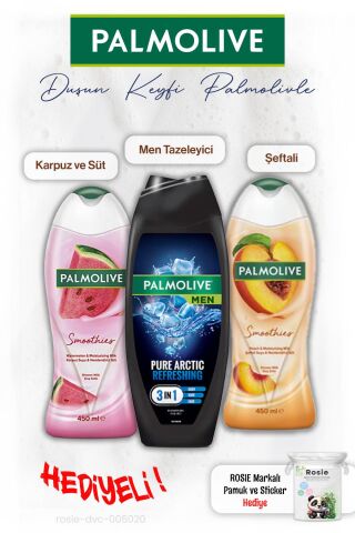 Palmolive 3'lü Duş Jeli Şefali 450 ml, Karpuz 450 ml, Men 500 ml, ROSIE hediye