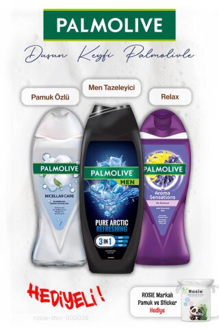 Palmolive 3'lü Duş Men, Relax ve Pamuk özü 500 ml, ROSIE hediye
