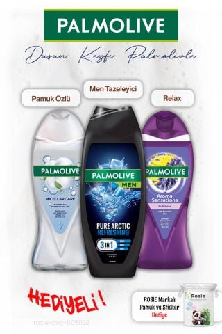 Palmolive 3'lü Duş Men, Relax ve Pamuk özü 500 ml, ROSIE hediye