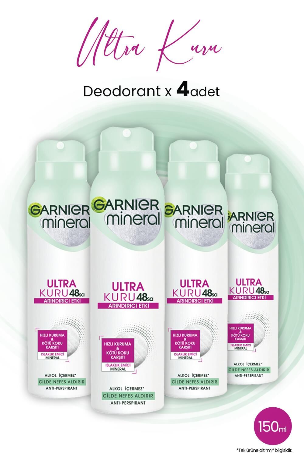 Garnier Mineral 48 Saat Ultra Kuru Sprey Deodorant 150 ML x 4 Adet
