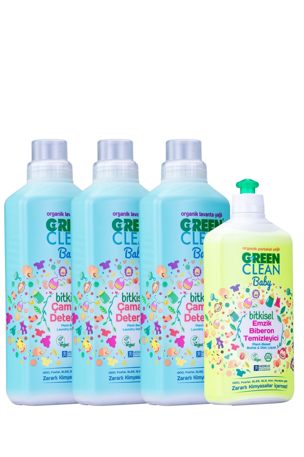 Green Clean 1L Bebek Çamaşır Deterjanı 3 Adet + 500 Ml Emzik Biberon Temizleyici