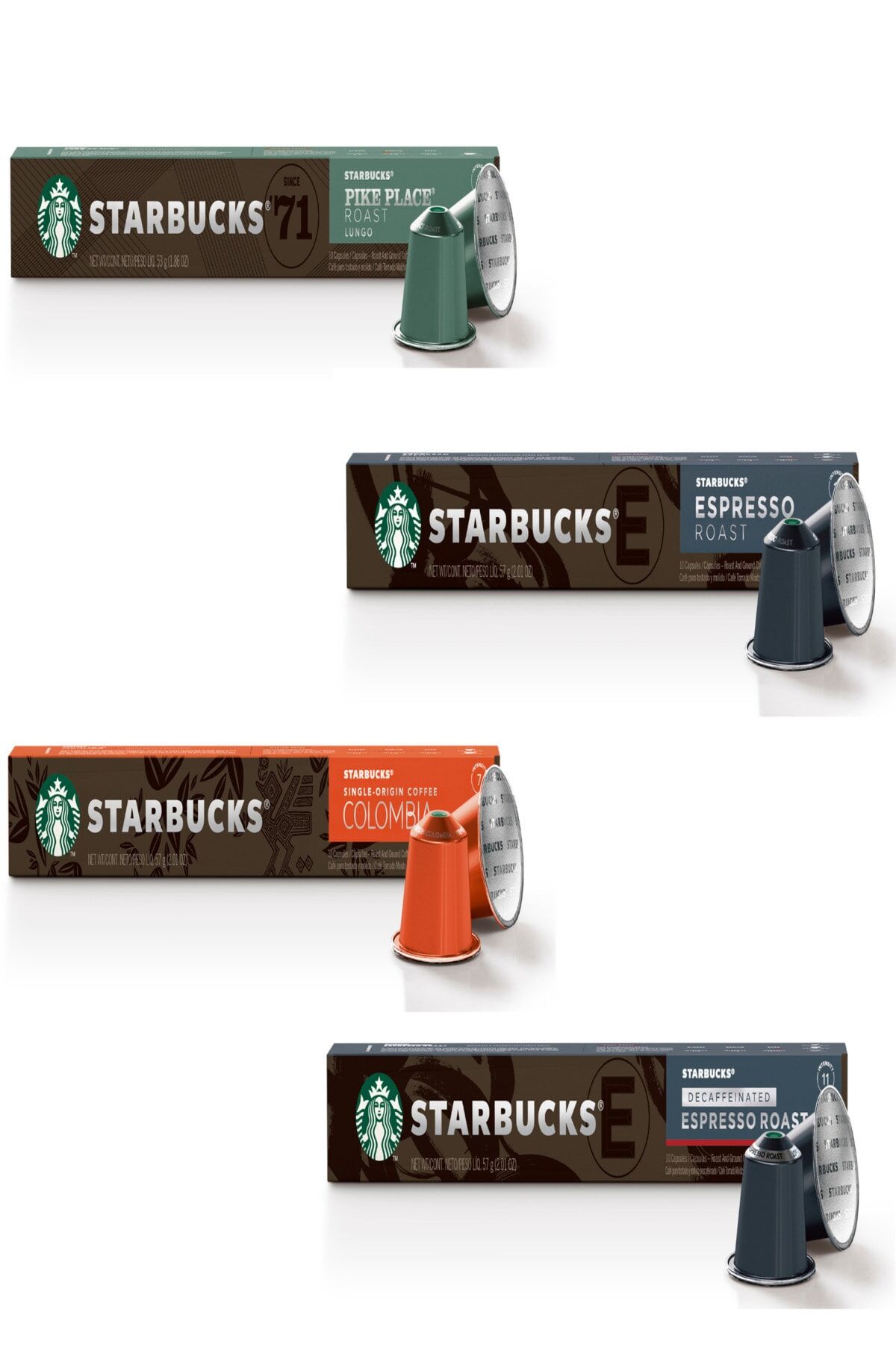 Starbucks Decaf Espresso, Espresso, Pike ve Colombia Kapsül Kahve