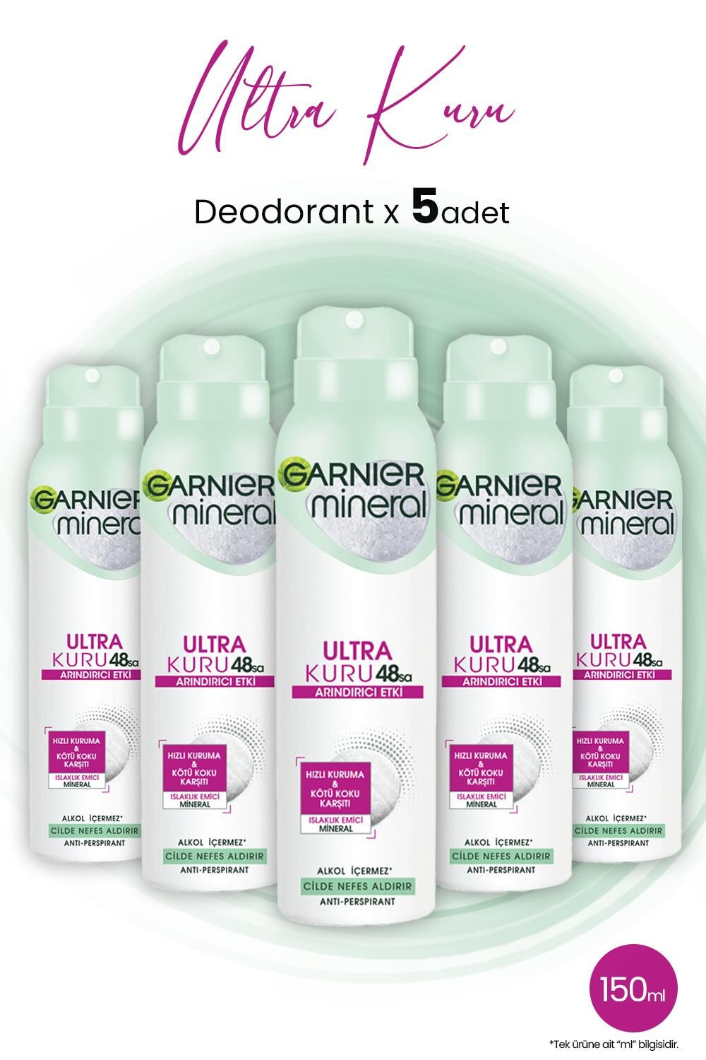 Garnier Mineral 48 Saat Ultra Kuru Sprey Deodorant 150 ML x 5 Adet