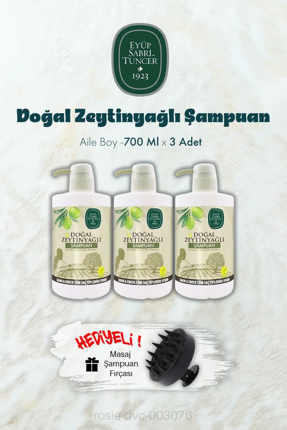 3 Adet Zeytinyağlı Şampuan 700 ML ve Şampuan Fırçası Hediyeli