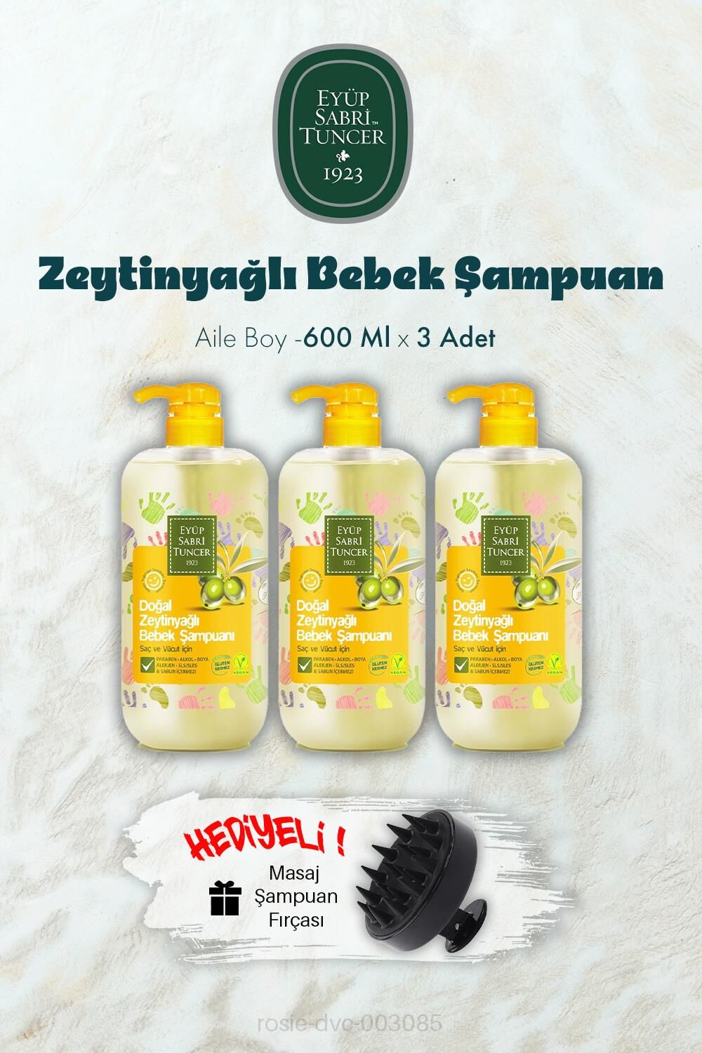 3 Adet Zeytinyağlı Bebek Şampuan 600 ML ve Şampuan Fırçası Hediyeli