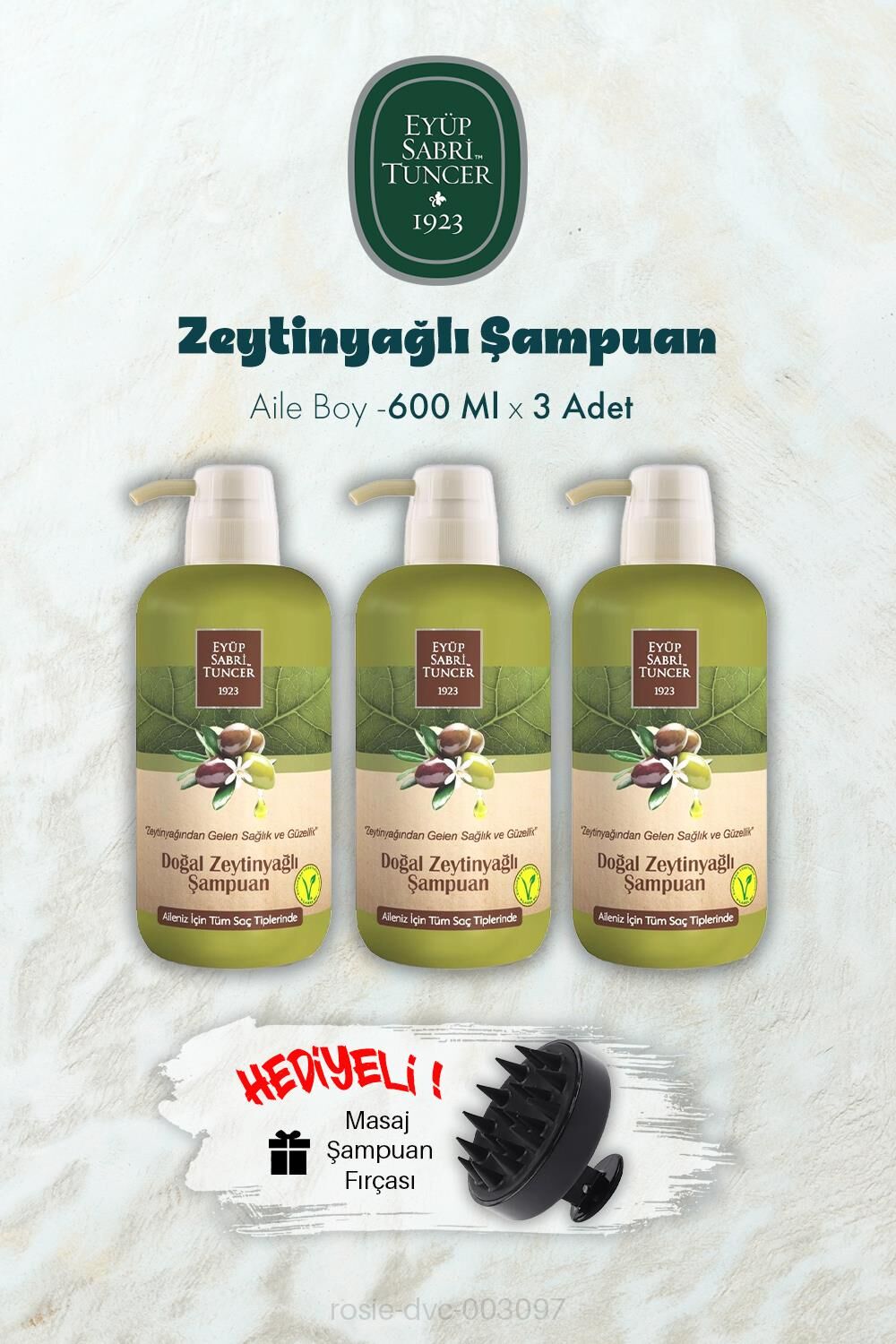 3 Adet Zeytinyağlı Şampuan 600 ML ve Şampuan Fırçası Hediyeli