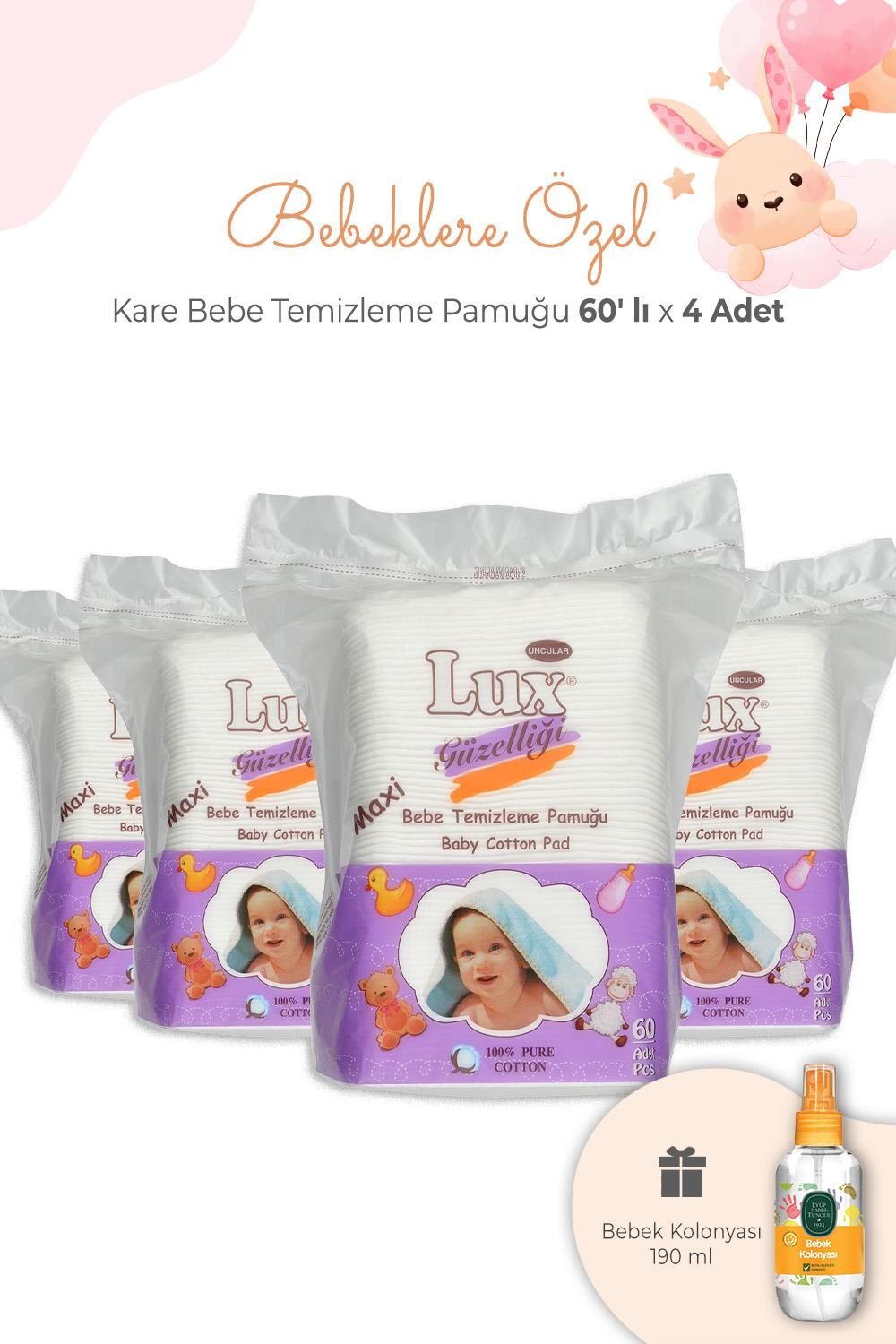 Lux Bebe Temizleme Pamuğu Kare 60' lı x 4 Adet ve Bebek Kolonyası