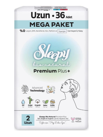 Sleepy Bio Natural Premium Plus Hijyenik Ped Mega Paket Uzun 36 Adet