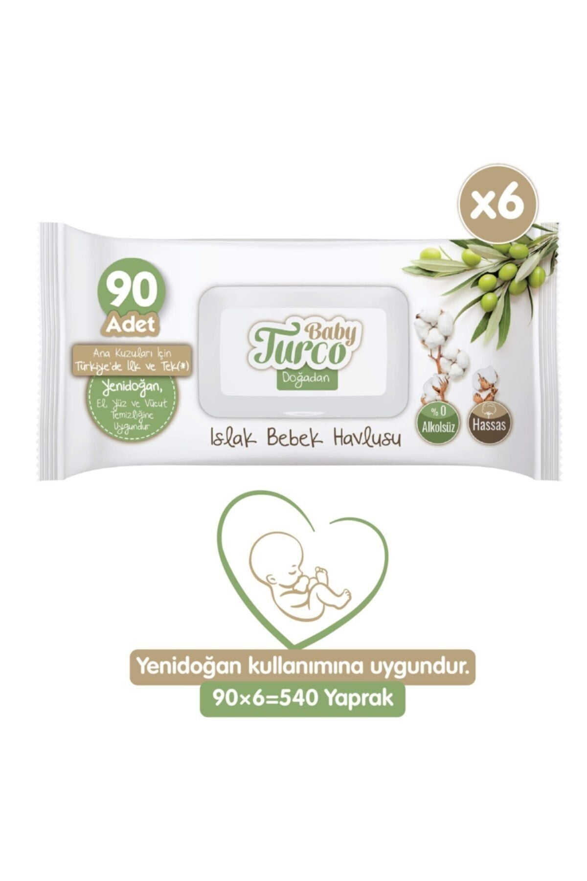 Baby Turco Doğadan Zeytinyağlı Islak Bebek Havlusu 6x90 Yaprak