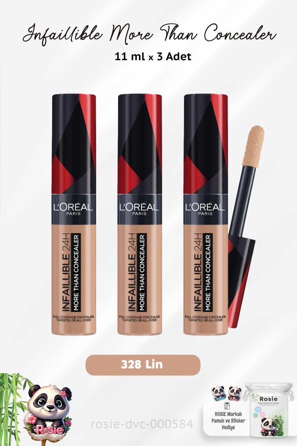 3 Adet Loreal Paris Infaillible 24H More Than Concealer 328 Lin ve ROSIE Pamuk