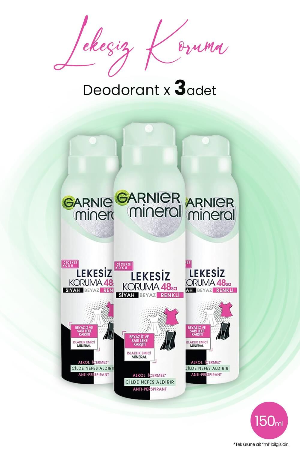 Garnier Mineral 48 Saat Lekesiz Koruma Çiçeksi Sprey Deodorant 150 ML x 3 Adet
