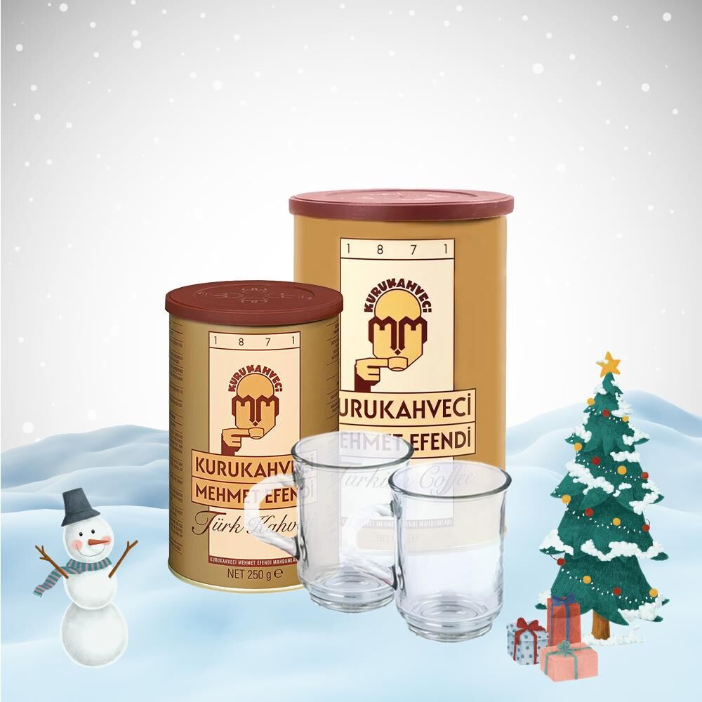 Kurukahveci Mehmet Efendi Yılbaşı Paketi Türk Kahvesi 500 Gr ve 250 Gr, 2 Adet Cam Bardak Hediyeli