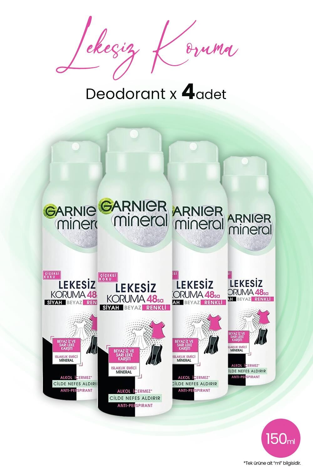 Garnier Mineral 48 Saat Lekesiz Koruma Çiçeksi Sprey Deodorant 150 ML x 4 Adet