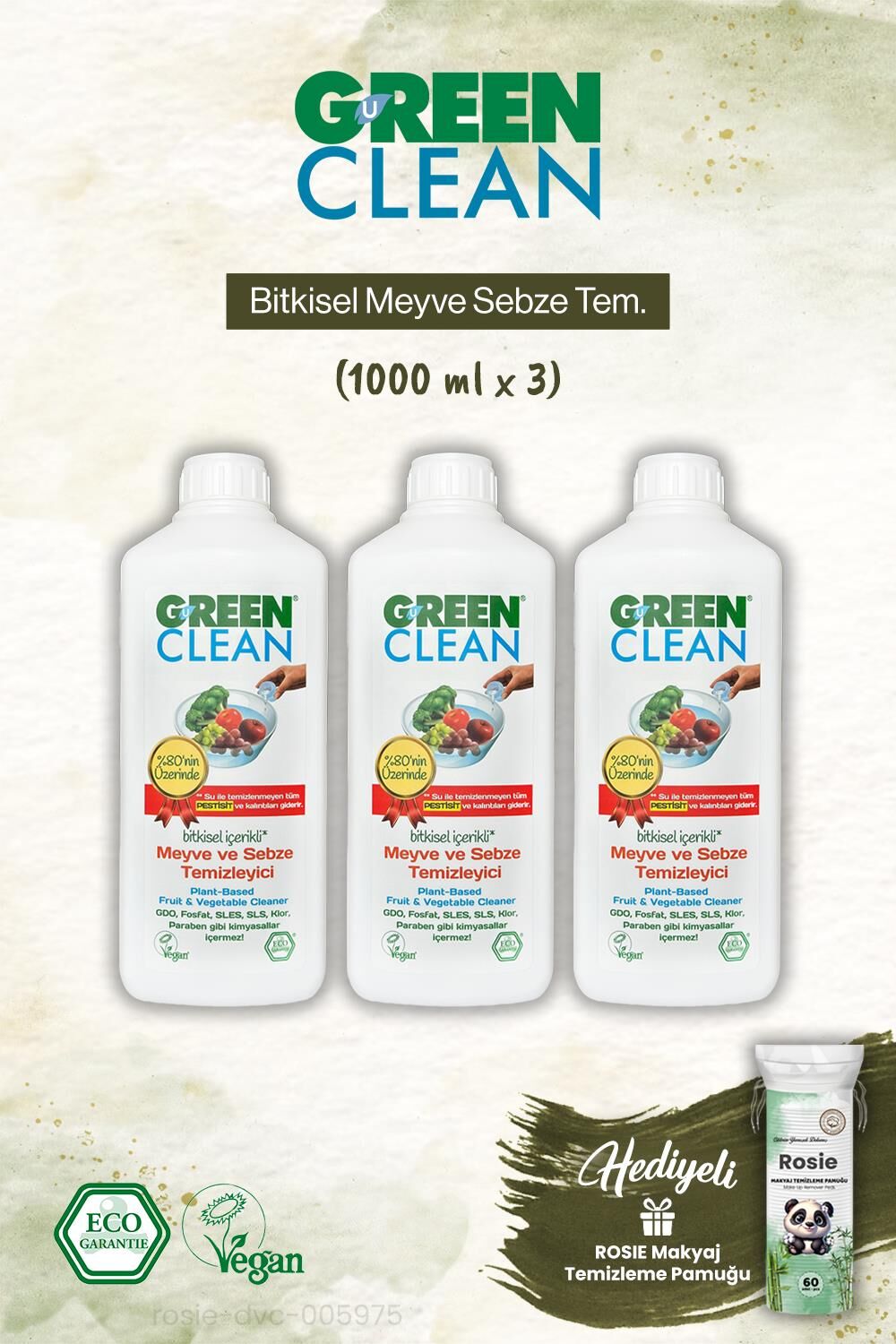 3 adet Green Clean Bitkisel Meyve Sebze Tem. ve Rosie Makyaj Pamuk