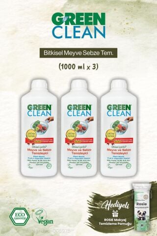 3 adet Green Clean Bitkisel Meyve Sebze Tem. ve Rosie Makyaj Pamuk