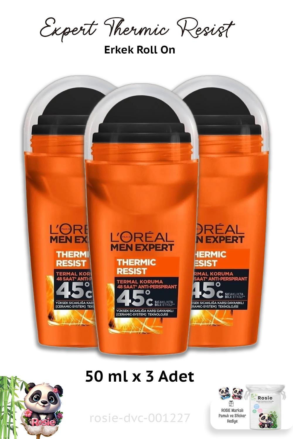 3 Adet Loreal Paris Men Expert Thermic Resist Erkek Roll On 50 ml ve ROSIE