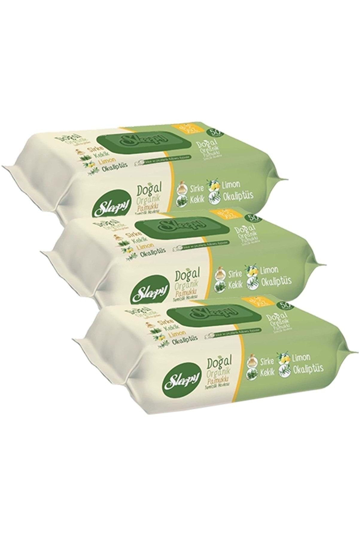 Islak Havlu Mendil Doğal Organik Pamuklu 50 Yaprak Plastik Kapaklı 3lü Set 150 Yaprak