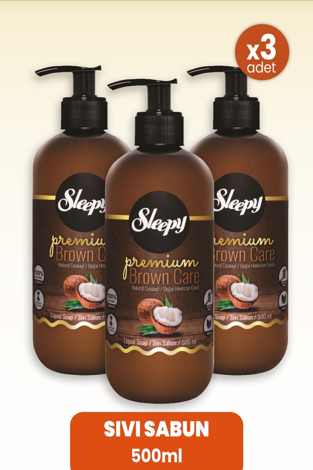 Sleepy Premium Brown Care Sıvı Sabun Hindistan Cevizi 500 ml x 3 Adet