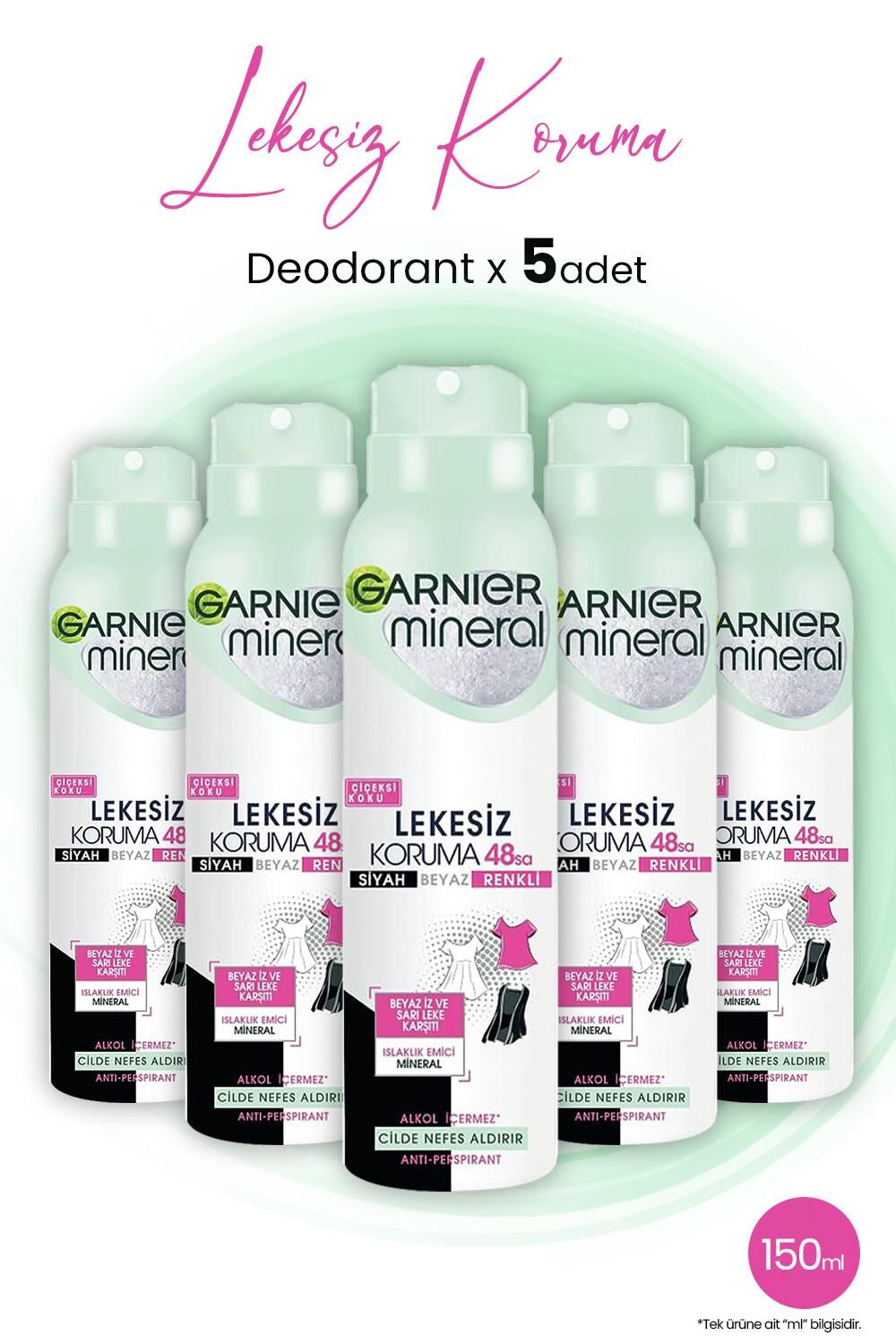 Garnier Mineral 48 Saat Lekesiz Koruma Çiçeksi Sprey Deodorant 150 ML x 5 Adet