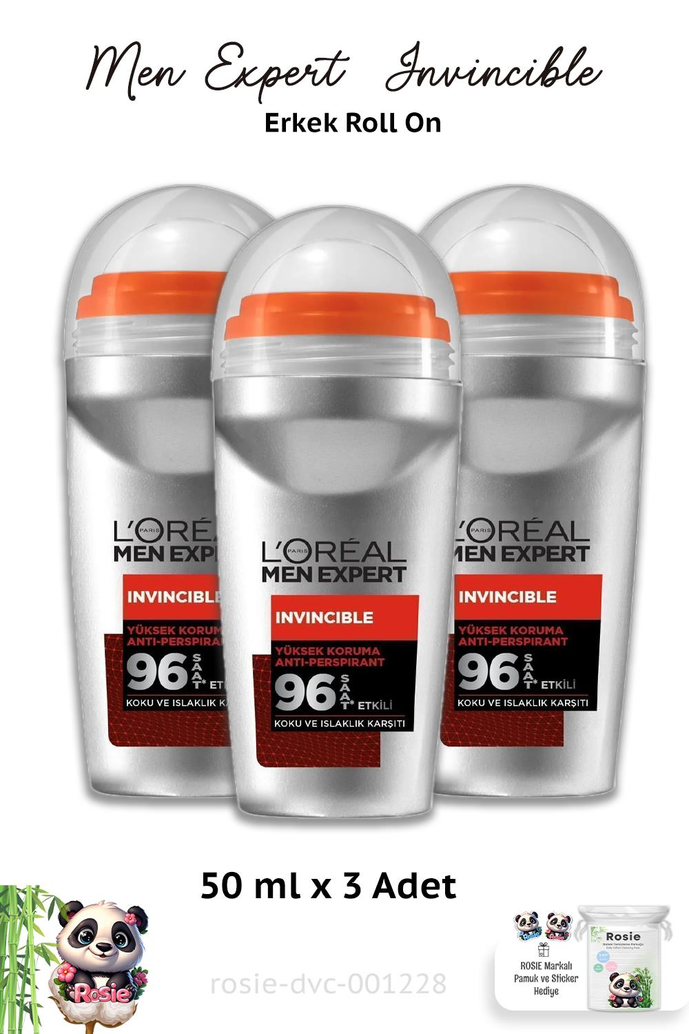 3 Adet Loreal Paris Men Expert Invincible Roll-On 50 ml ve ROSIE