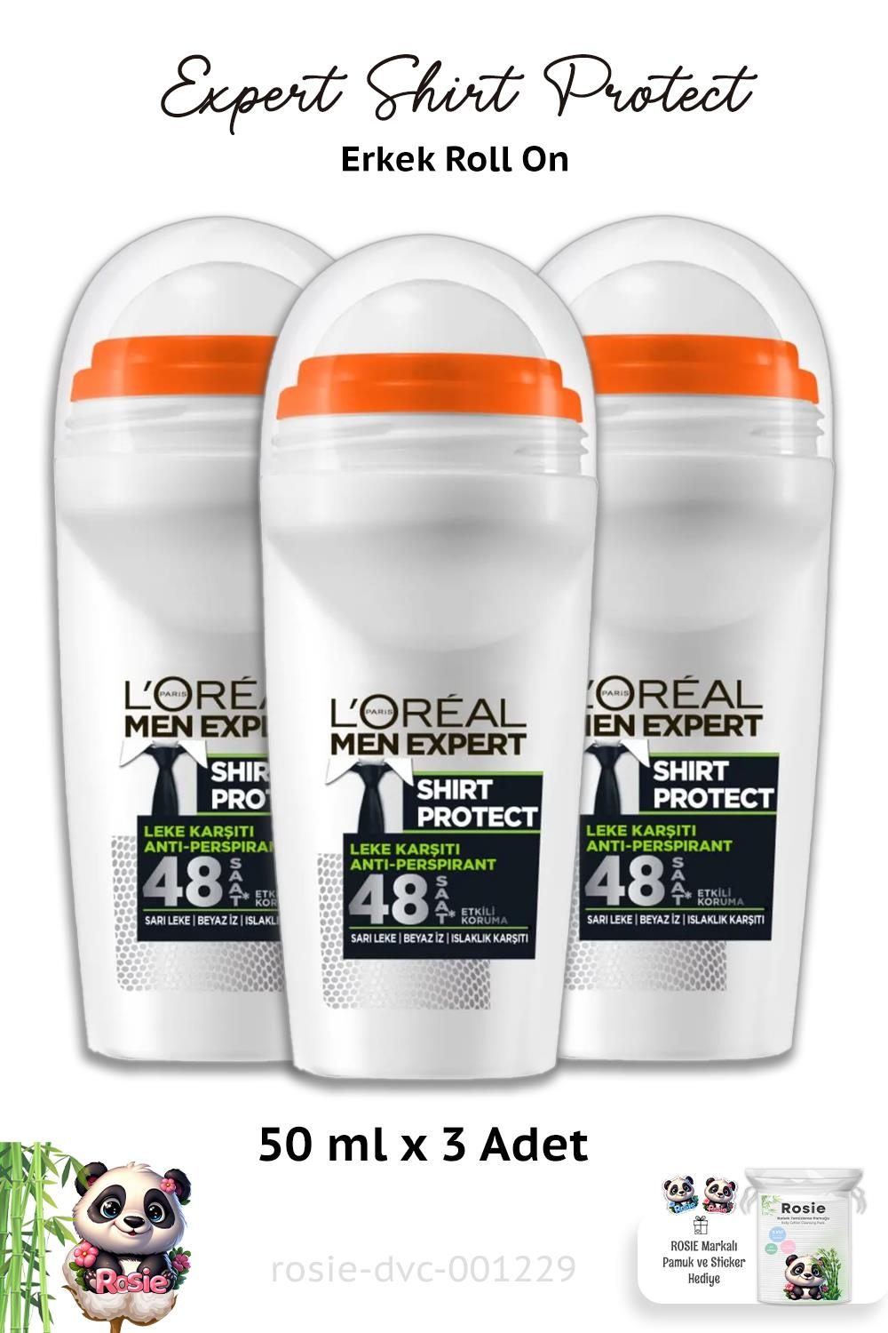 3 Adet Loreal Paris Men Roll On Expert Shirt Protect 50 ml ve ROSIE