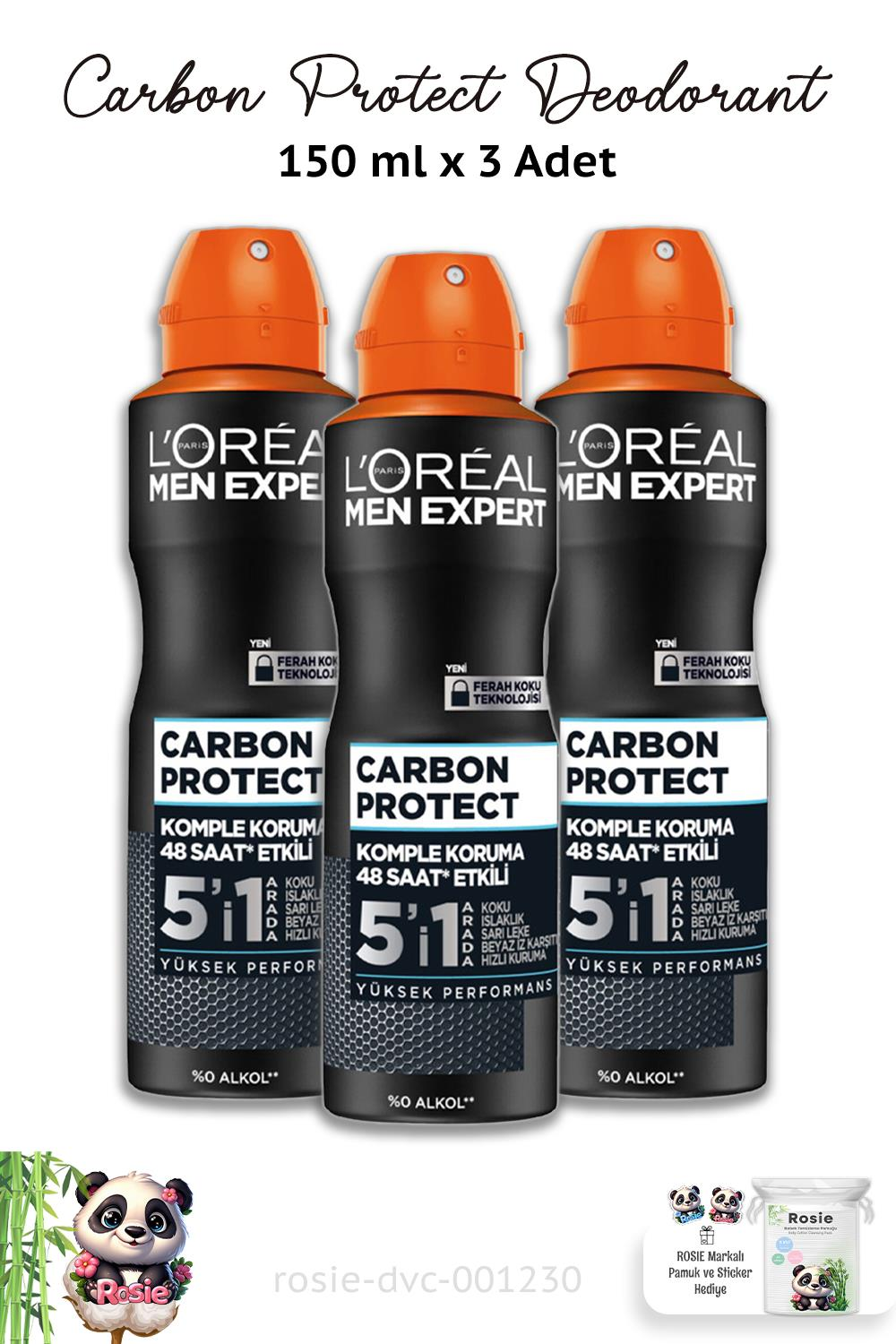 3 Adet Loreal Men Expert Carbon Protect Deodorant 150 ml ve ROSIE