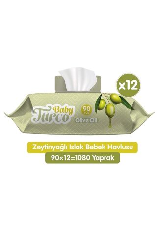 Baby Turco Zeytin Yağlı, Saf Pamuklu Islak Havlu 12x90 Yaprak