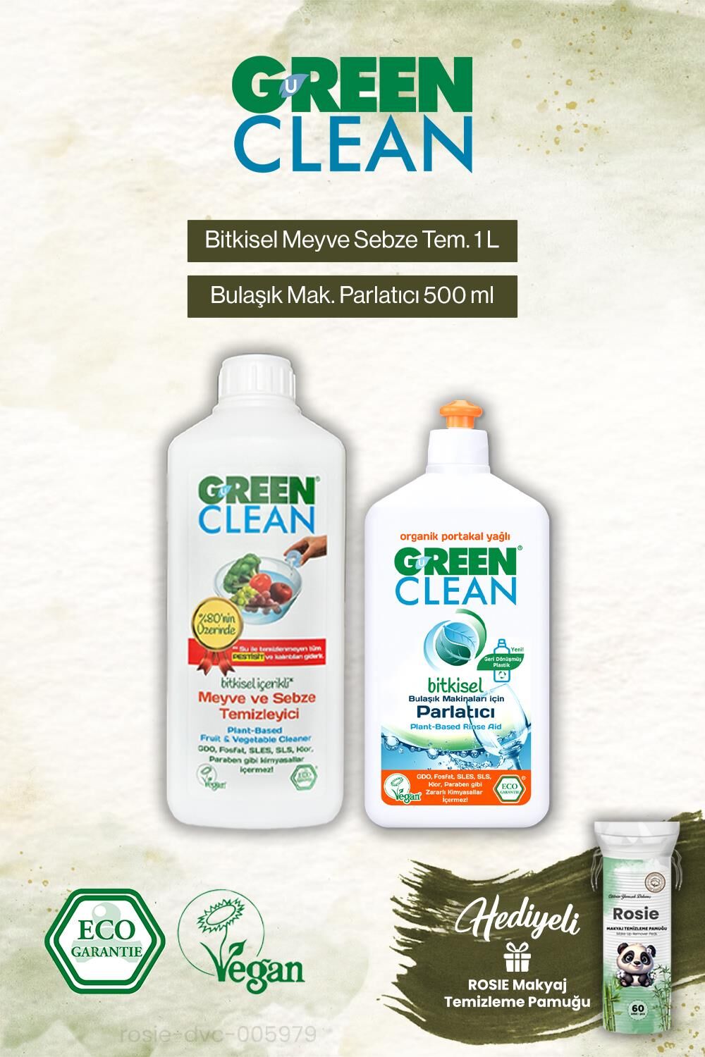 Green Clean Bulaşık Mak. Parlatıcı 500 ml ve Meyze Sebze Tem. 1000 ml, Rosie Hediye