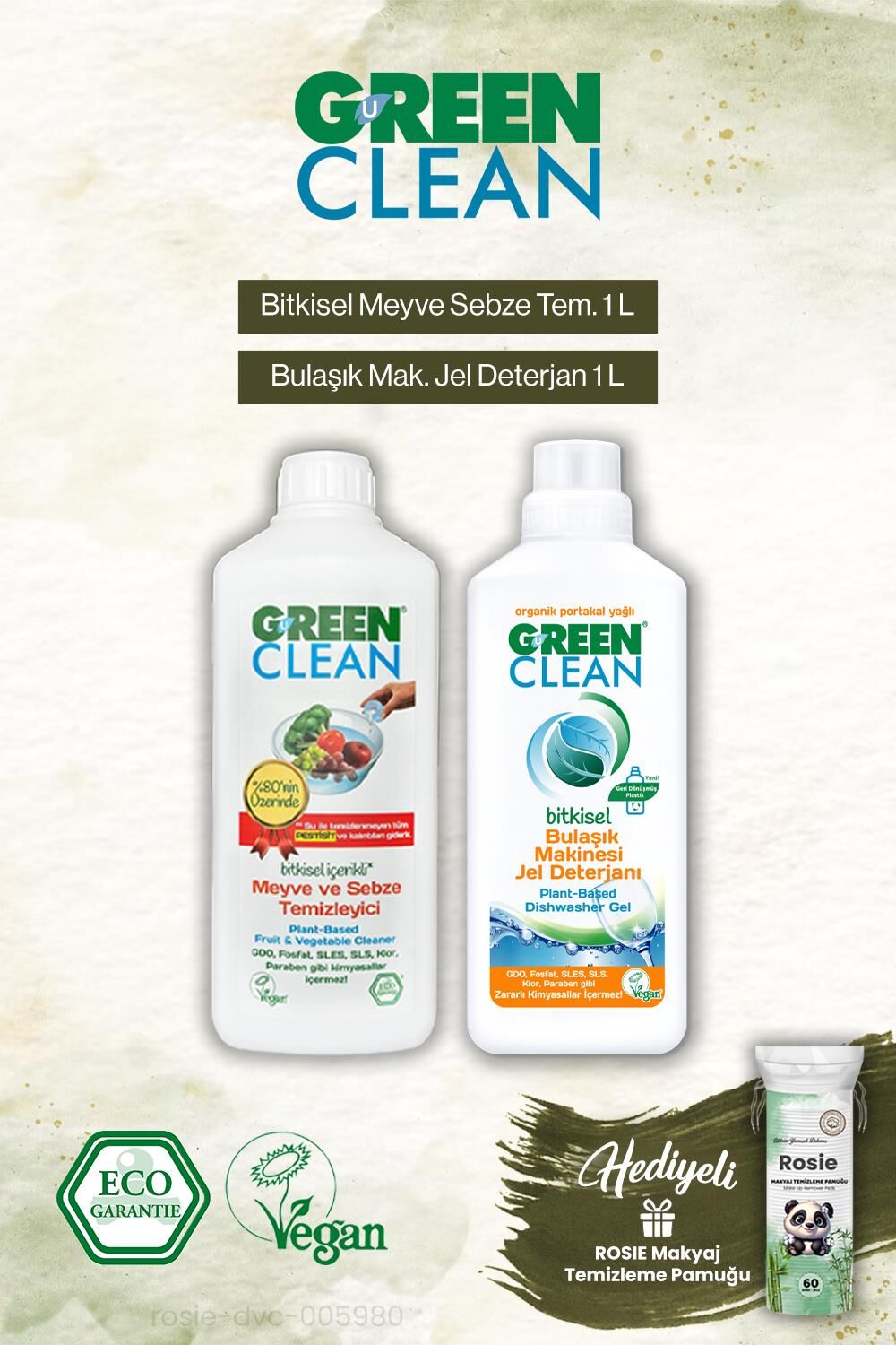 Green Clean 1000ml Bulaşık Jel Det. ve Meyze Sebze Tem. 1000 ml, Rosie Hediye