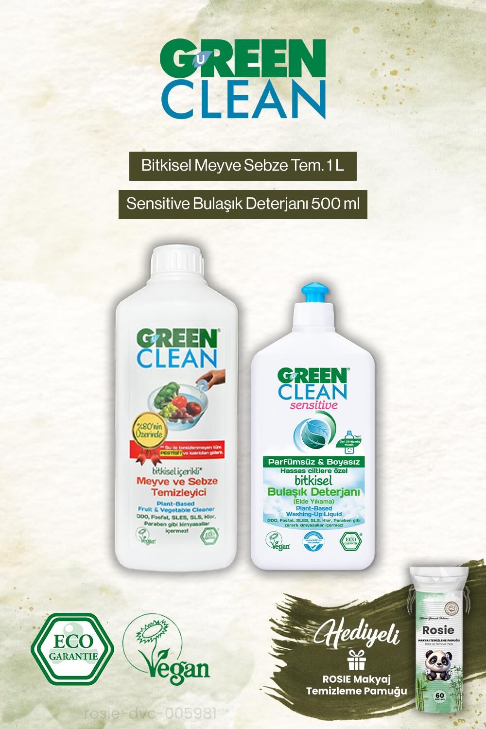 Green Clean Sensitive 500ml Bulaşık Jel Det. ve Meyze Sebze Tem. 1000 ml, Rosie Hediye