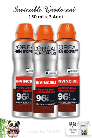 3 Adet Loreal Paris Men Expert Invincible Anti-Perspirant Deodorant 150 ml ve ROSIE