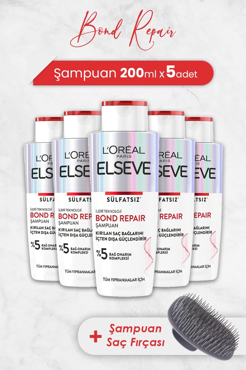 Elseve Bond Repair Şampuan 200 ml x 5 Adet ve Şampuan Fırçası