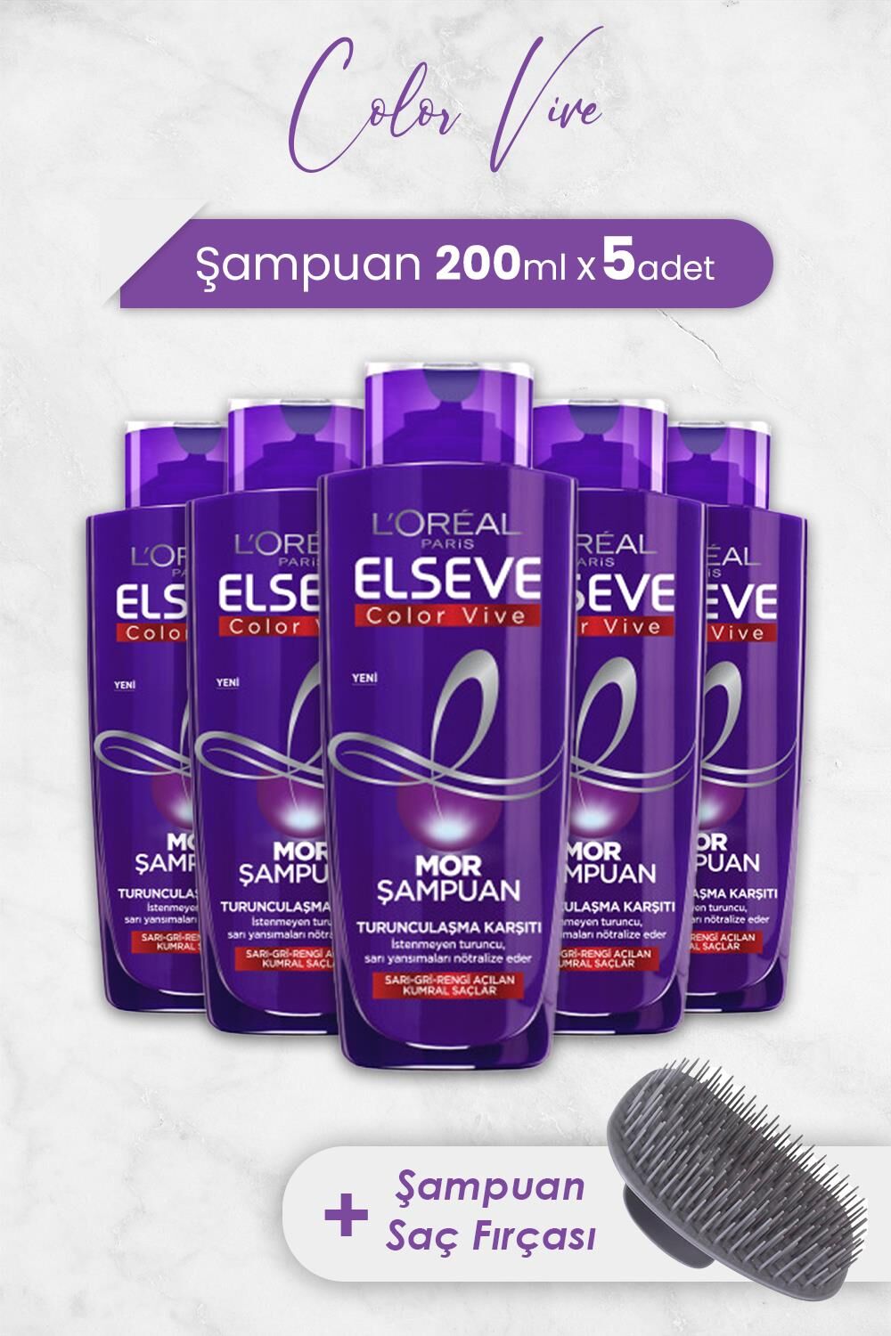 Elseve Color Vive Mor Şampuan 200 ml x 5 Adet ve Şampuan Fırçası