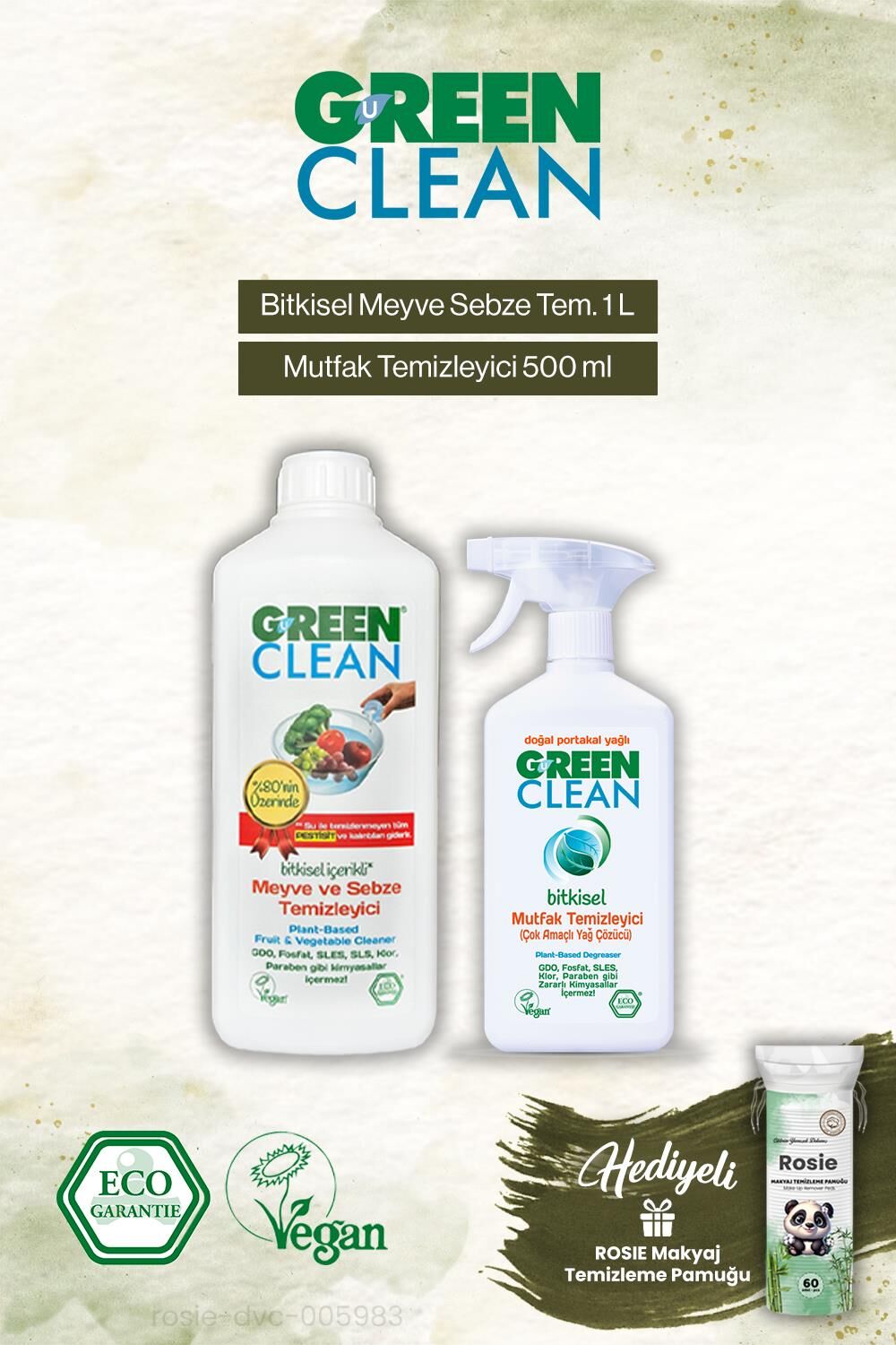 Green Clean Mutfak Temizleyici 500ml ve Meyze Sebze Tem. 1000 ml, Rosie Hediye