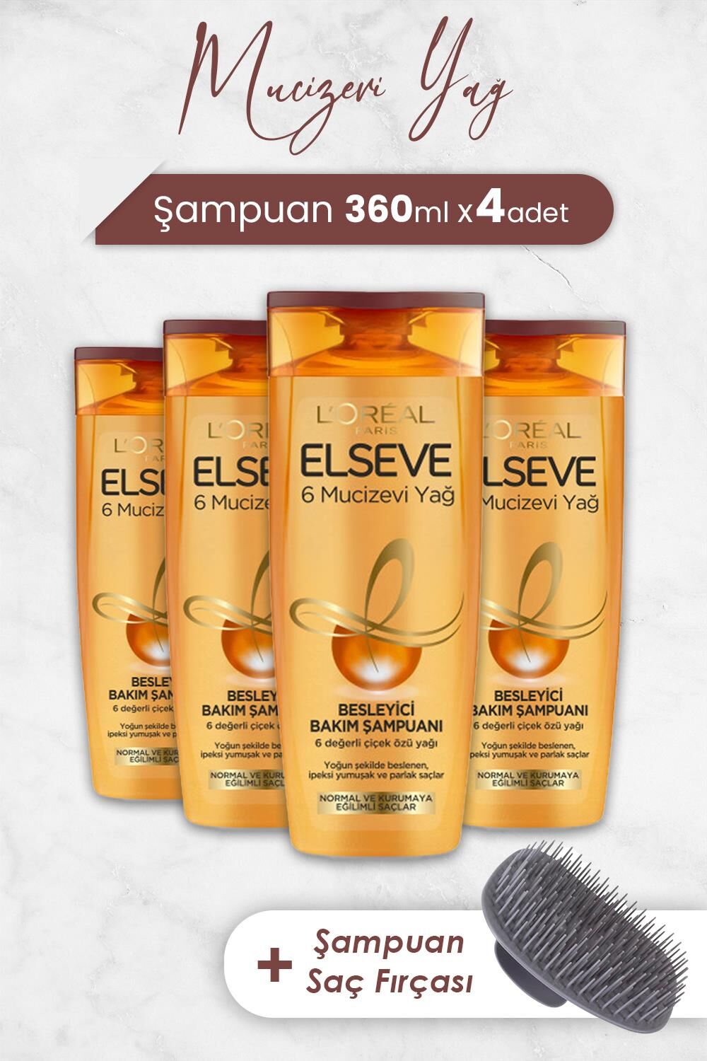 Elseve Mucizevi Yağ Besleyici Şampuan Amla Yağı 360 ml x 4 Adet ve Şampuan Fırçası