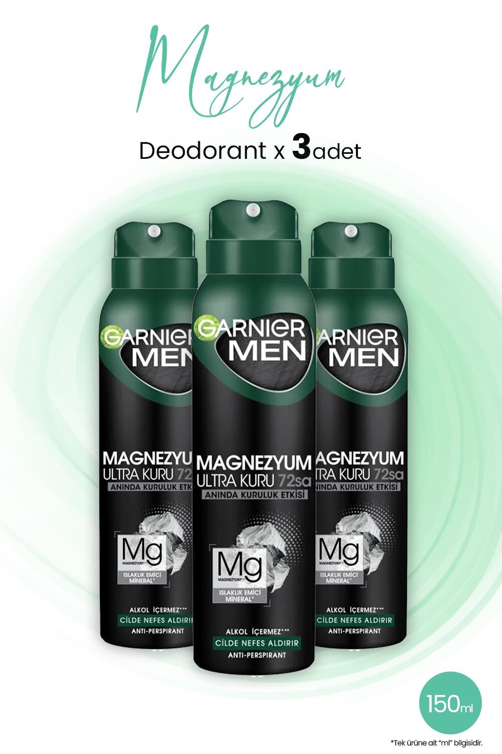 Garnier Men Magnezyum Ultra Kuru 72 Saat Sprey Deodorant 150 ML x 3 Adet