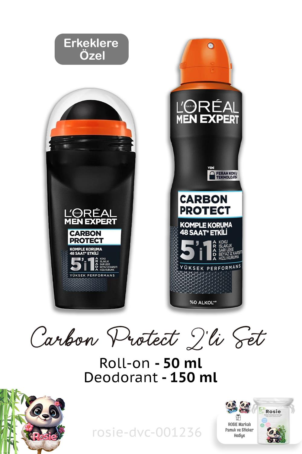 Loreal Men Expert Carbon Protect Roll-on 50 ml, Deodorant 150 ml ve ROSIE
